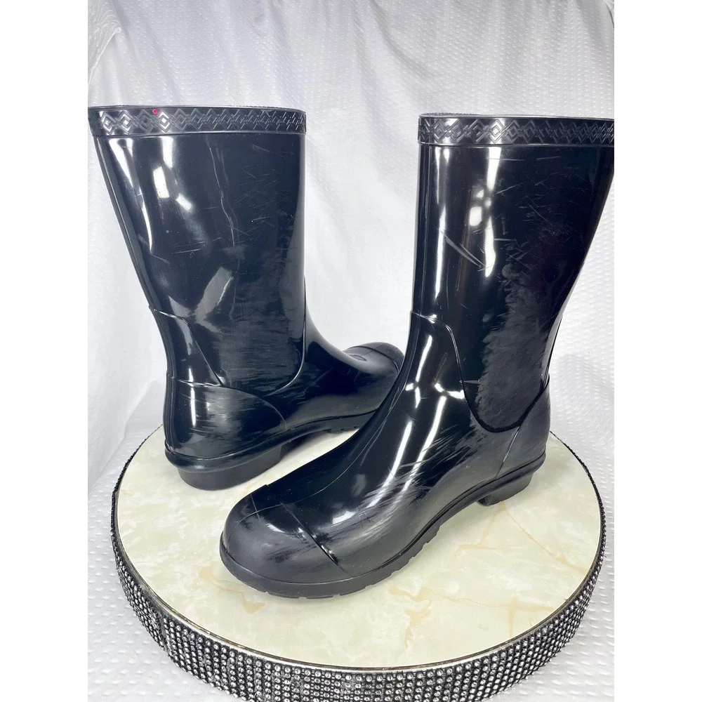 UGG Shaye Glossy Waterproof Rain Boots Womens 8 Black Rubber Outdoor Winter Shoe
